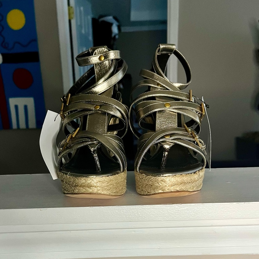 NWT Burberry Shoes, Burberry Strappy Wedge Sandals Size 37, Bronze, brand new - Picture 3 of 7